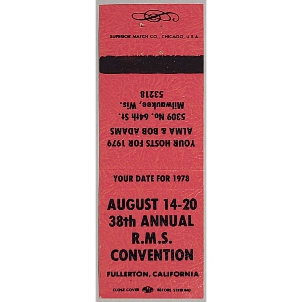 Vintage Matchbook Cover RMS 38th Annual Convention 1978 Fullerton CA Light Red